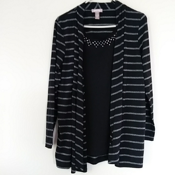 Metallic Bling Black Silver Cardigan with Front Insert Tank Top Large - Picture 1 of 13